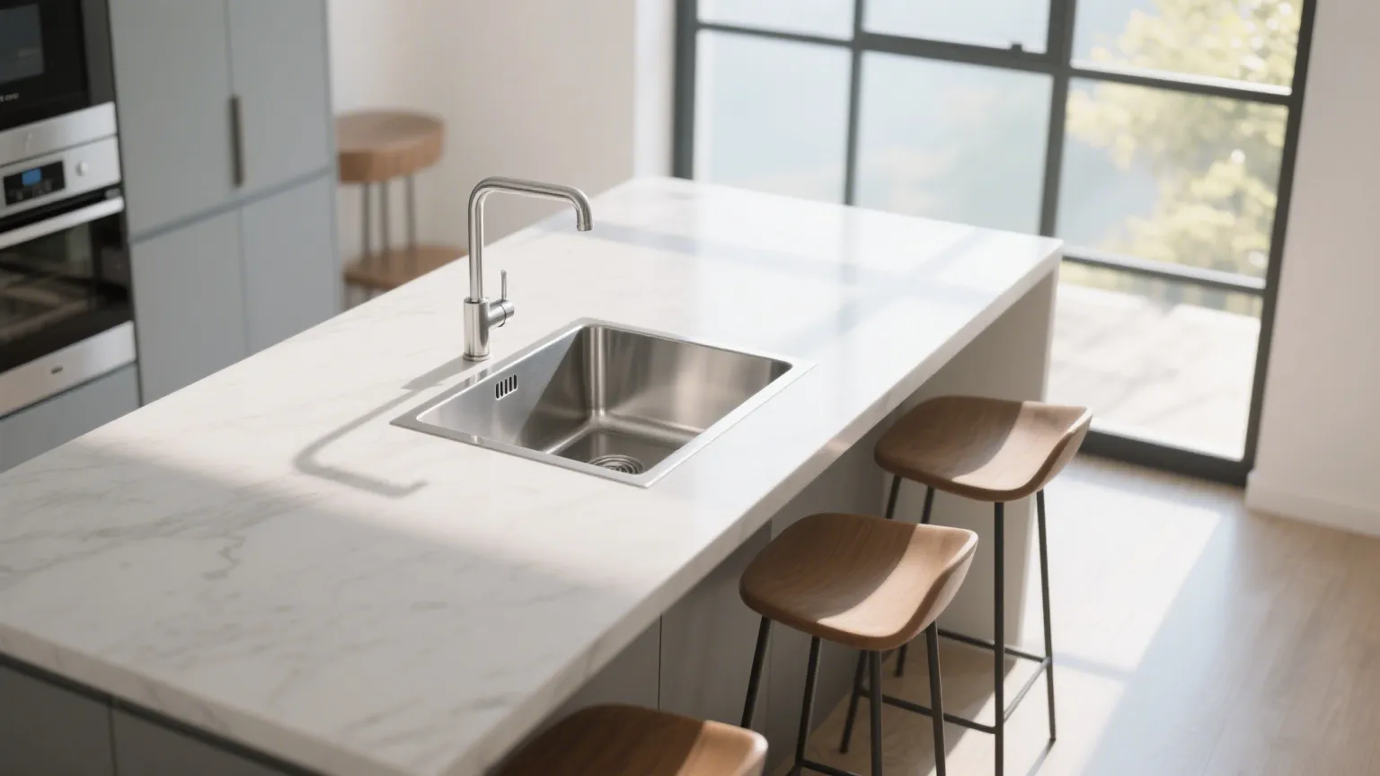 Minimalist black kitchen island with rectangular stainless steel sink, silver faucet, bright windows, white walls, and small plant decoration